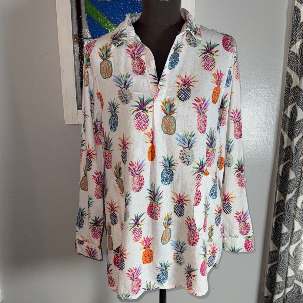 Pineapple Print Linen Blouse SZ large